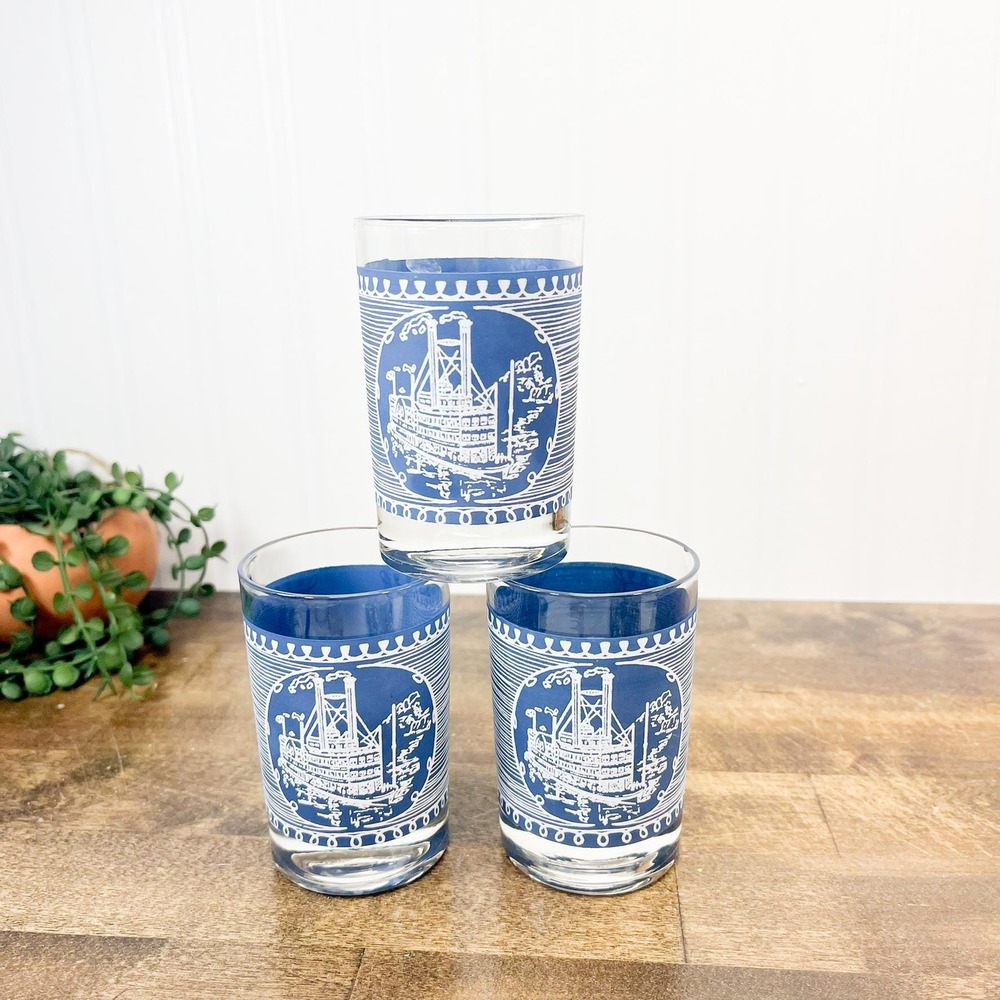 Vintage Cobalt Blue Currier & Ives Old Blue Mill Drinking Glass Set‎ of 3